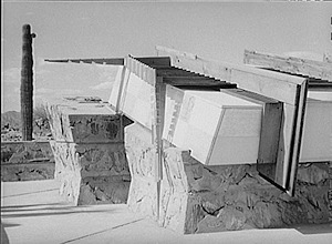 Detail of construction of corner drafting room of Frank Lloyd Wright's winter quarters at foot of McDowell Mountain. Maricopa County, Arizona