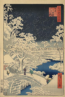 Ando Hiroshige print Meguro taikobashi yūhinooka